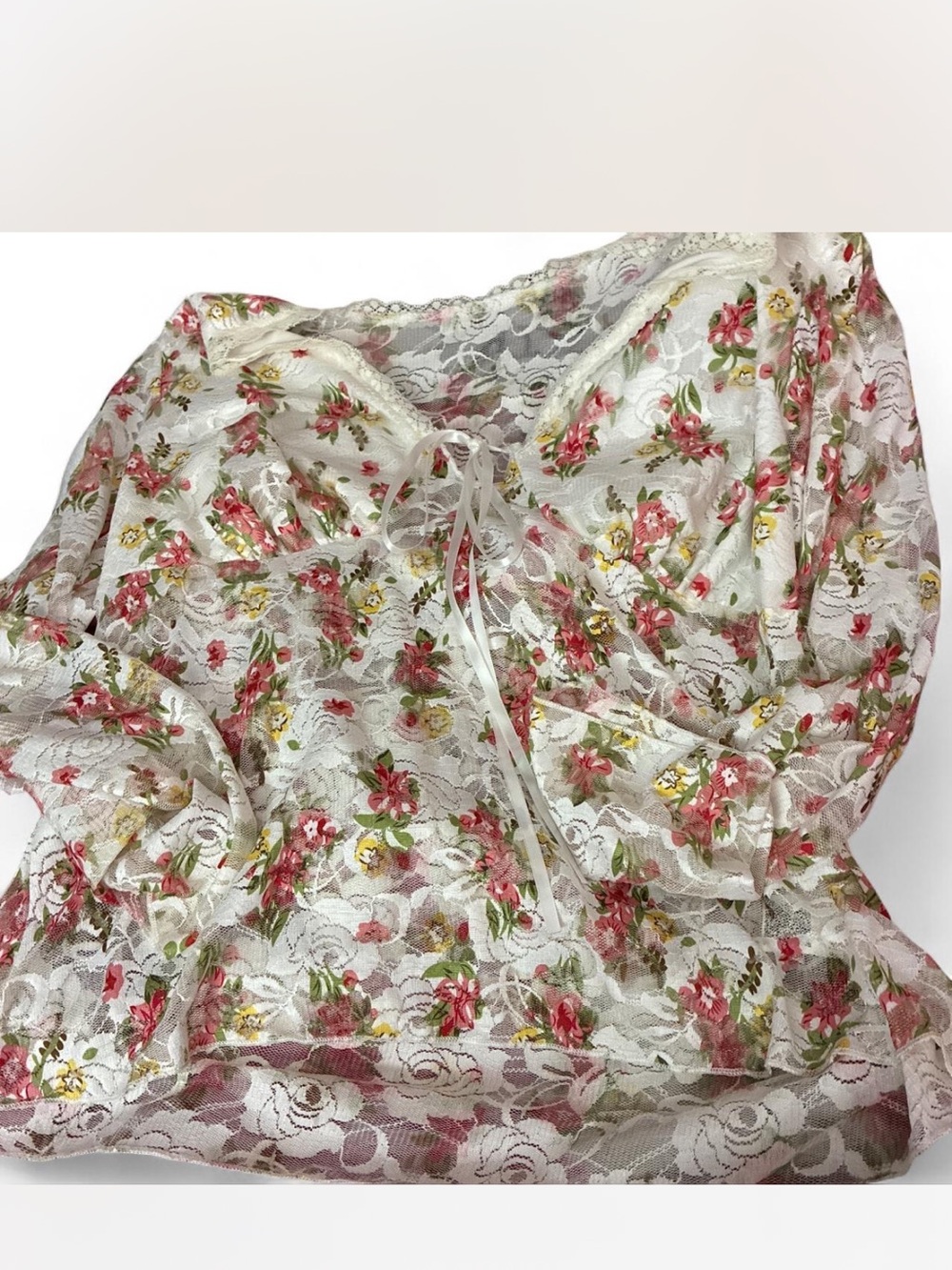 SHEIN White Sheer Lace Blouse with Pink and Green Floral Print
